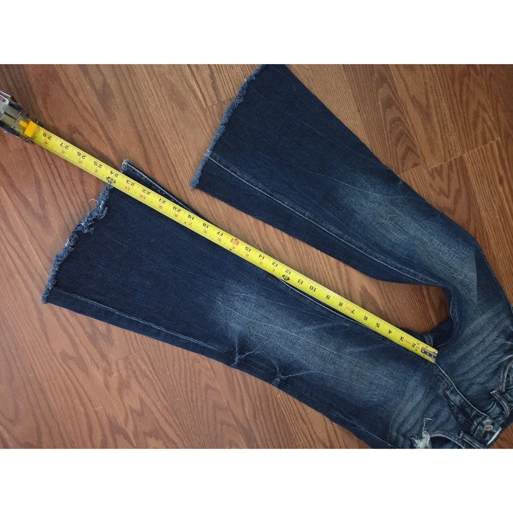Flying Monkey Youth Girls Mid Rise Flare Jeans Dark Wash Distressed Raw Hem 10